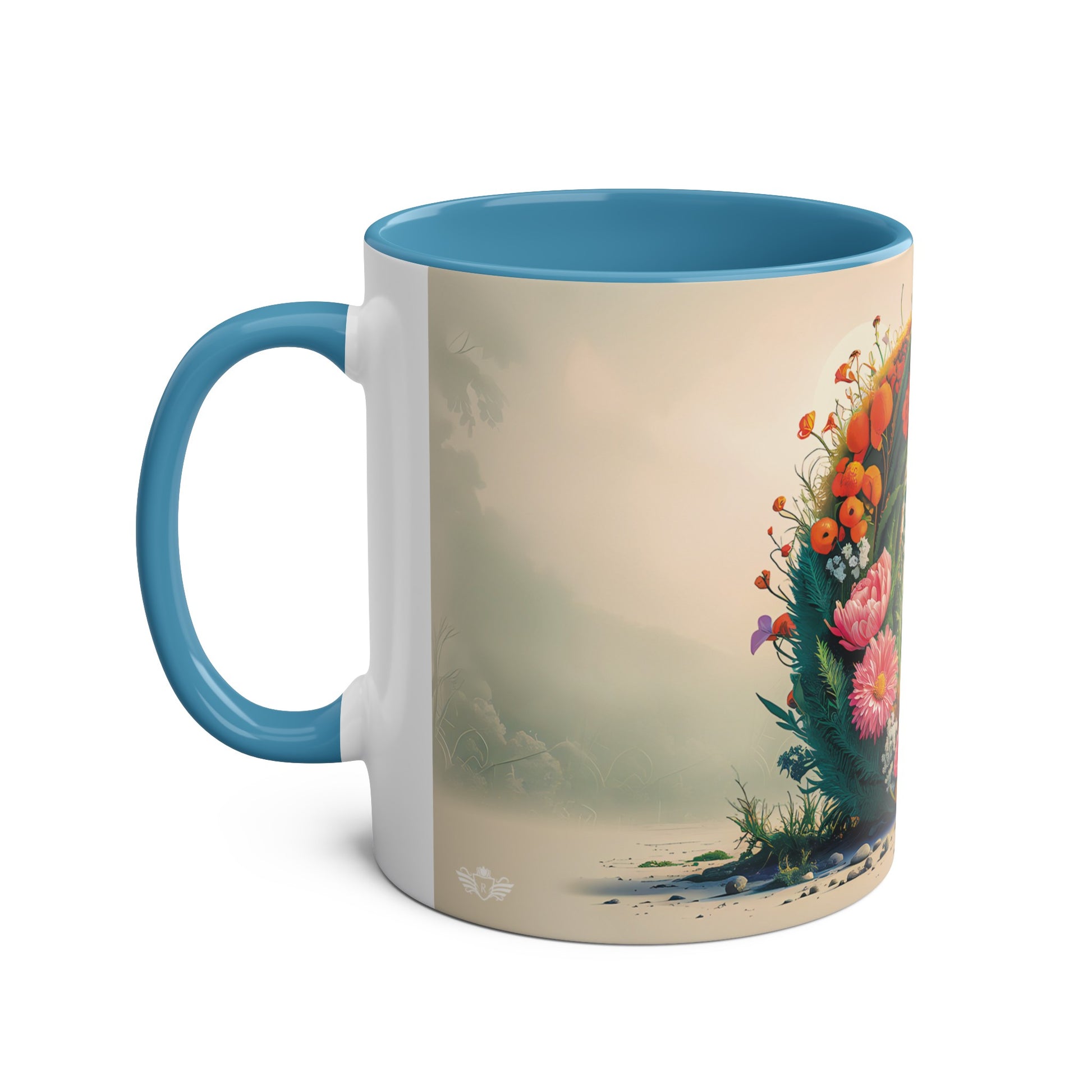 Floral Fantasy Two-Tone Ceramic Mug with Letter O Blue-02