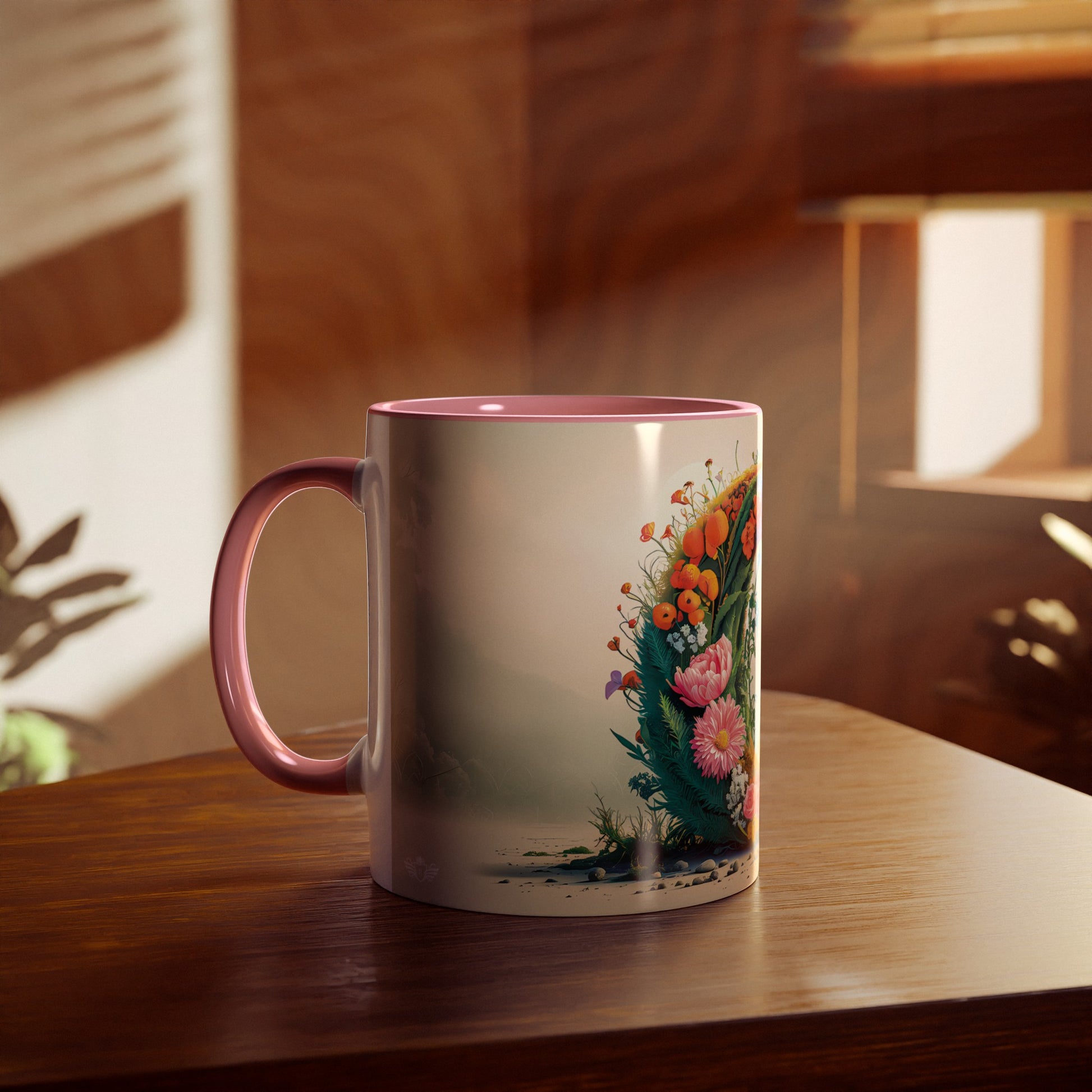 Floral Fantasy Two-Tone Ceramic Mug with Letter O Pink-04