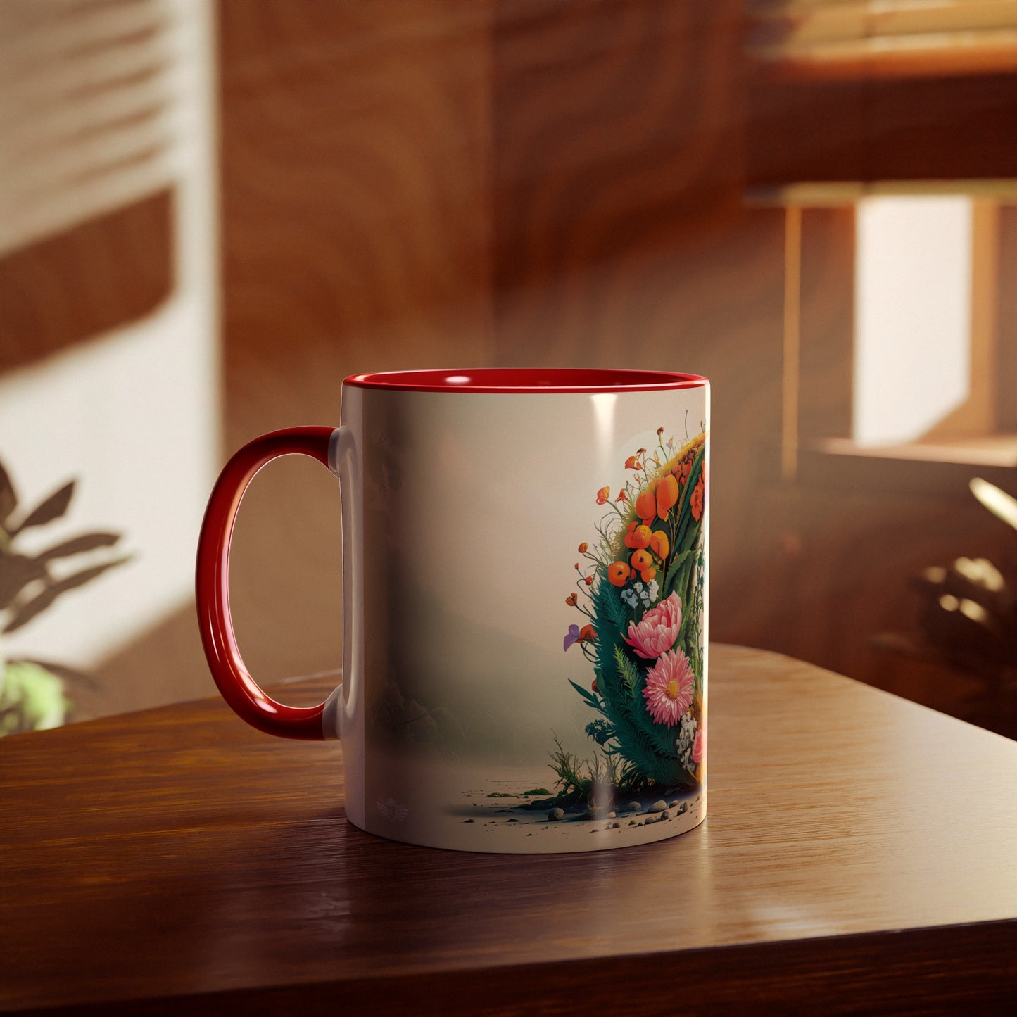 Floral Fantasy Two-Tone Ceramic Mug with Letter O Red-04