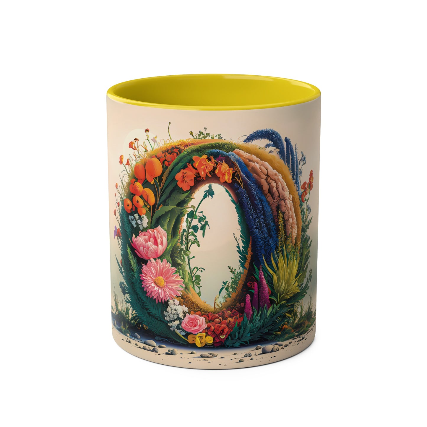 Floral Fantasy Two-Tone Ceramic Mug with Letter O Yellowd-01