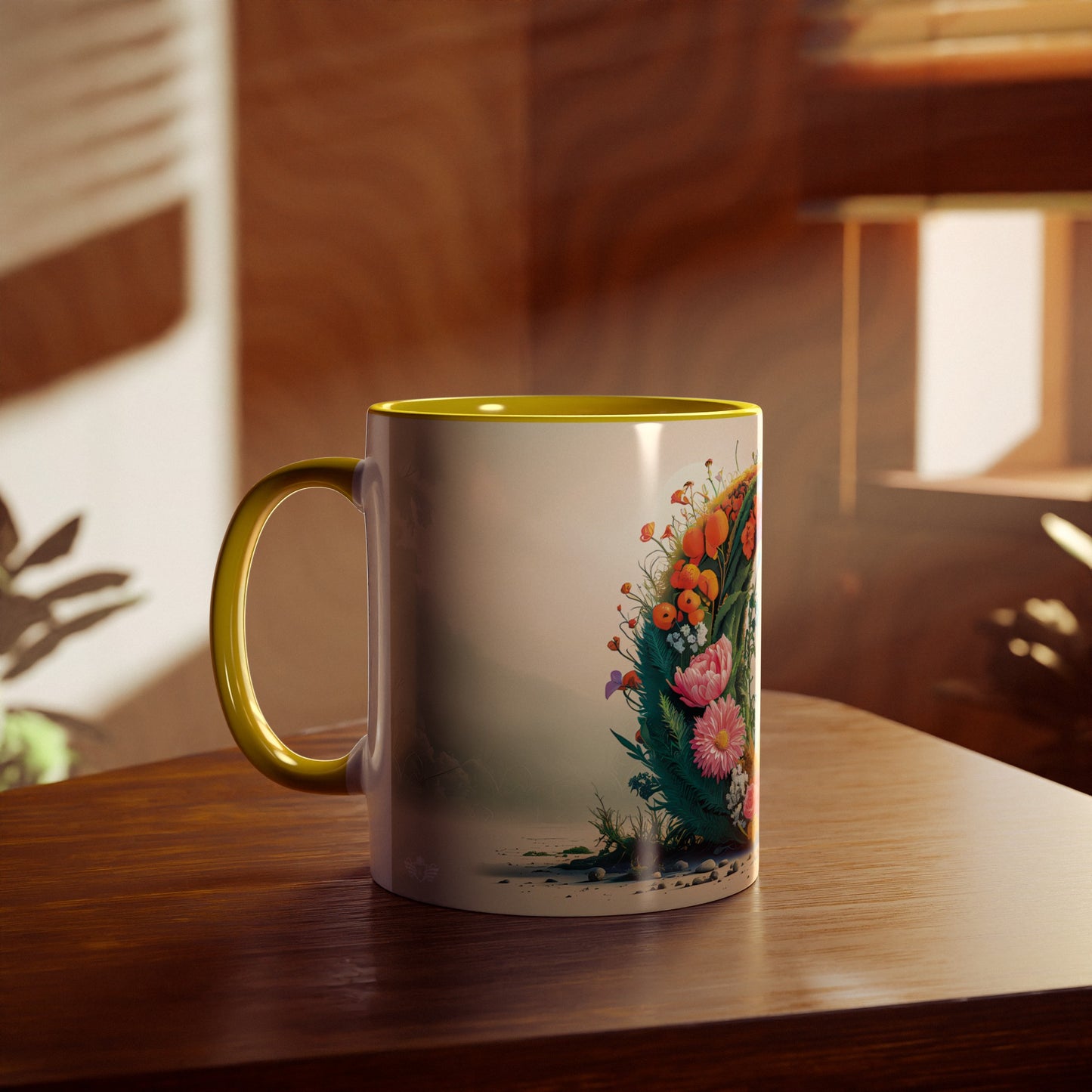 Floral Fantasy Two-Tone Ceramic Mug with Letter O Yellow-04