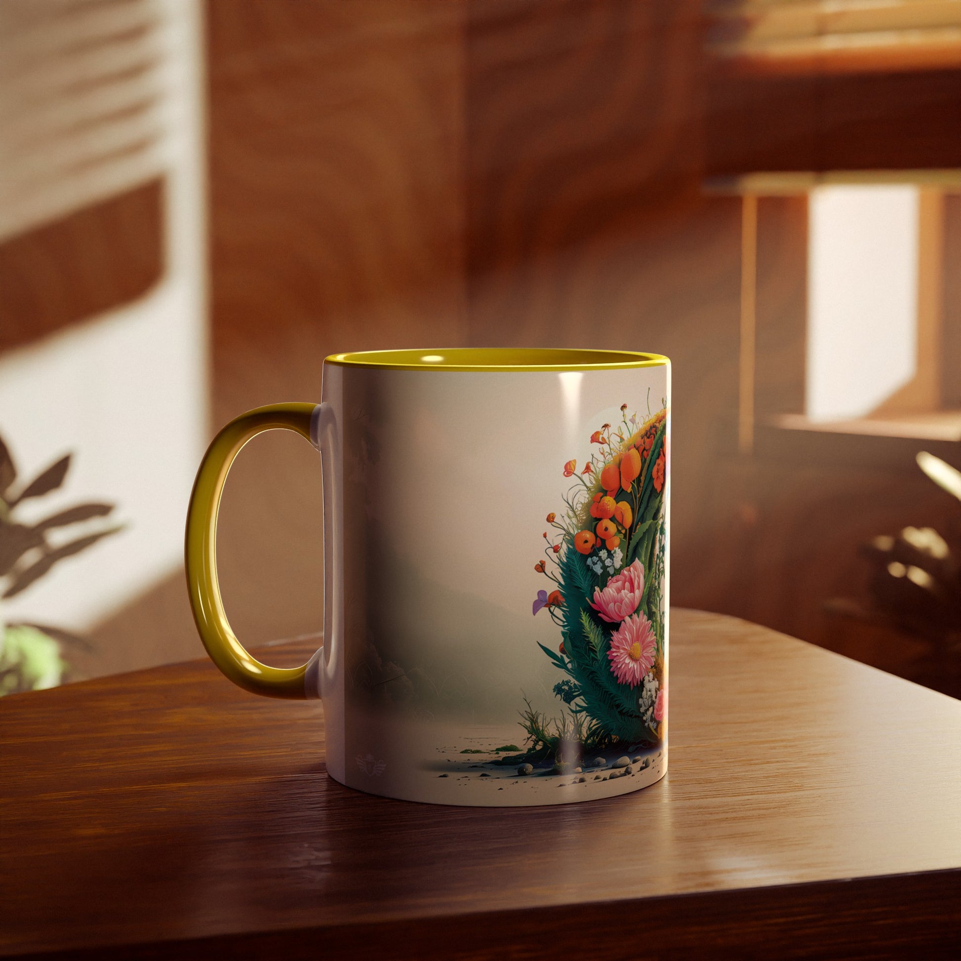 Floral Fantasy Two-Tone Ceramic Mug with Letter O Yellow-04