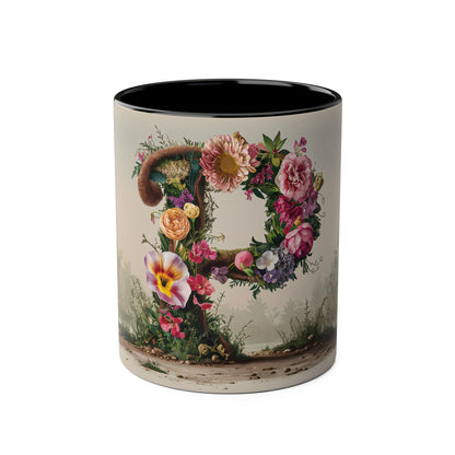 Floral Fantasy Two-Tone Ceramic Mug with Letter P Black-01