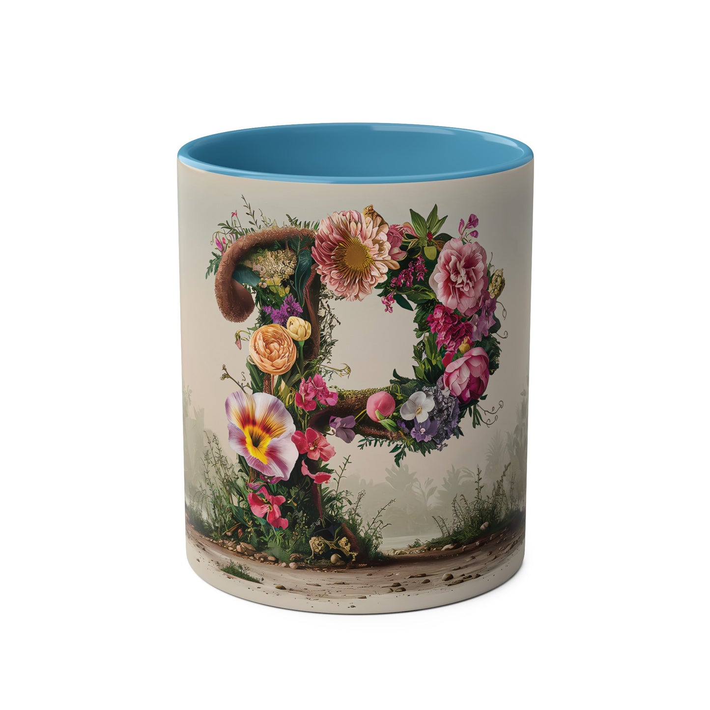 Floral Fantasy Two-Tone Ceramic Mug with Letter P Blue-01