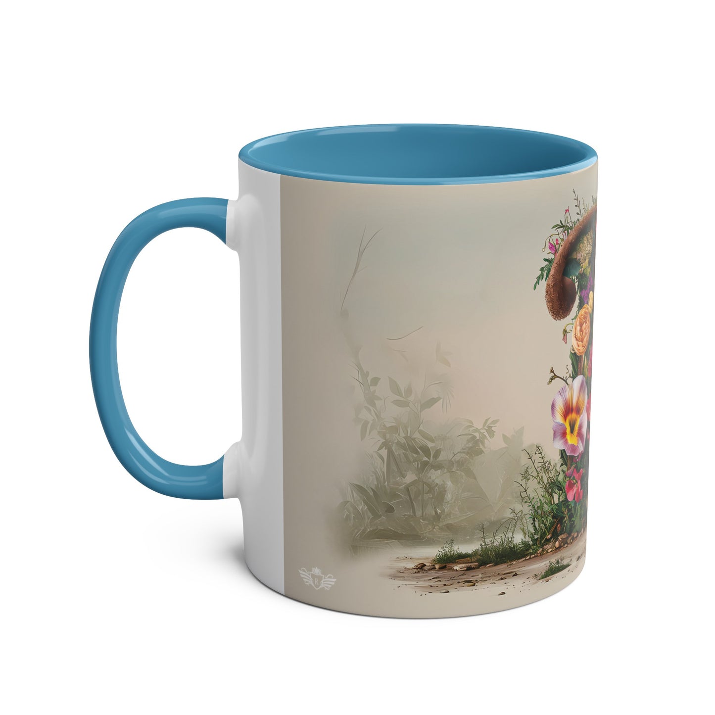 Floral Fantasy Two-Tone Ceramic Mug with Letter P Blue-02