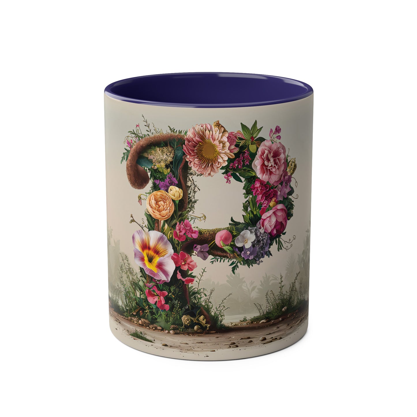 Floral Fantasy Two-Tone Ceramic Mug with Letter P Dark Blue-01