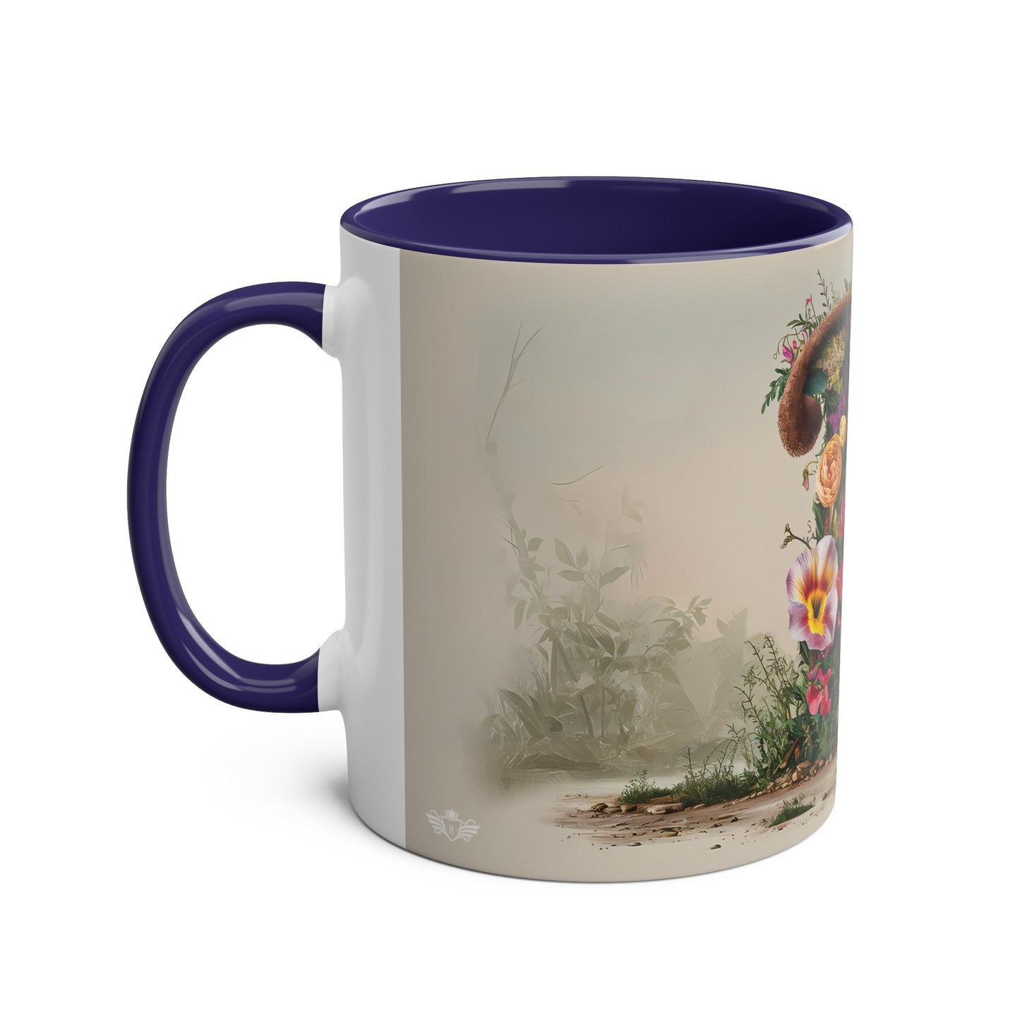 Floral Fantasy Two-Tone Ceramic Mug with Letter P Dark Blue-02