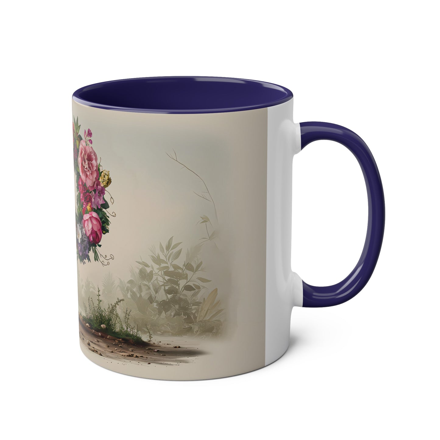 Floral Fantasy Two-Tone Ceramic Mug with Letter P Dark Blue-03