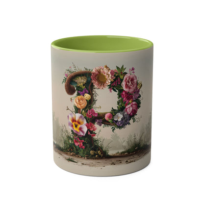 Floral Fantasy Two-Tone Ceramic Mug with Letter P