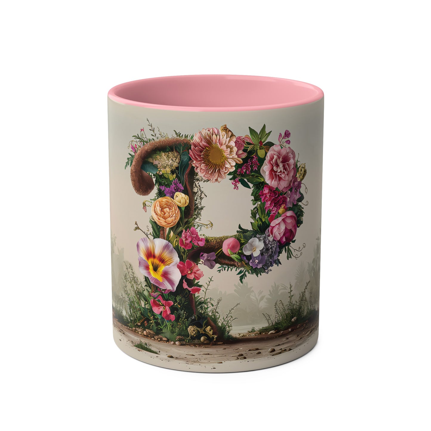 Floral Fantasy Two-Tone Ceramic Mug with Letter P Pink-01