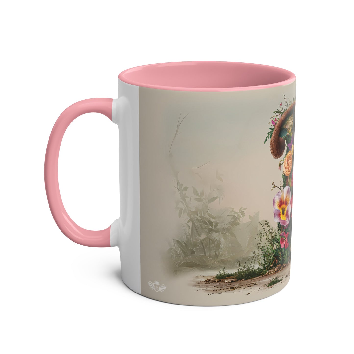 Floral Fantasy Two-Tone Ceramic Mug with Letter P Pink-02