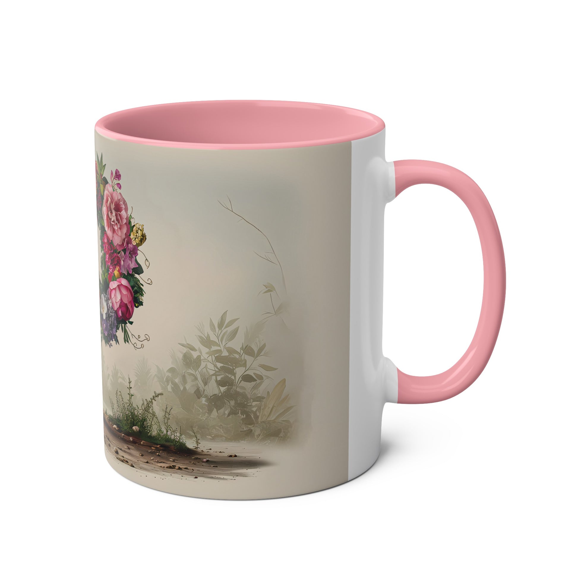 Floral Fantasy Two-Tone Ceramic Mug with Letter P Pink-03