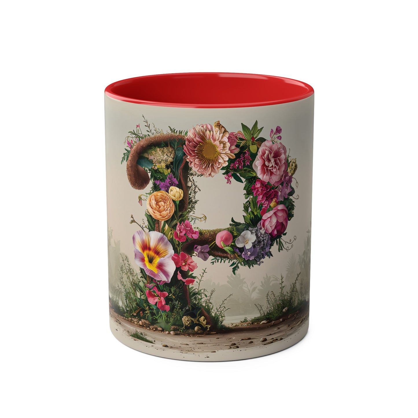 Floral Fantasy Two-Tone Ceramic Mug with Letter P Red-01