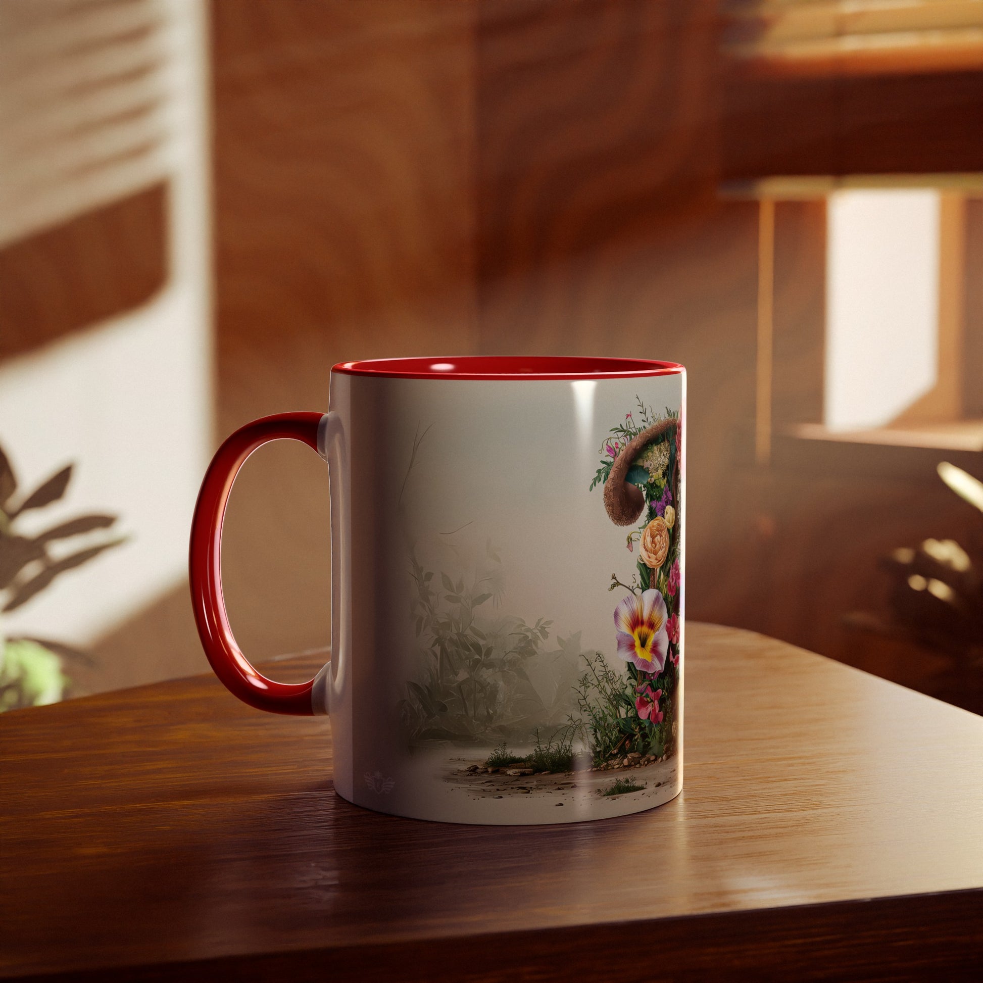 Floral Fantasy Two-Tone Ceramic Mug with Letter P Red-04