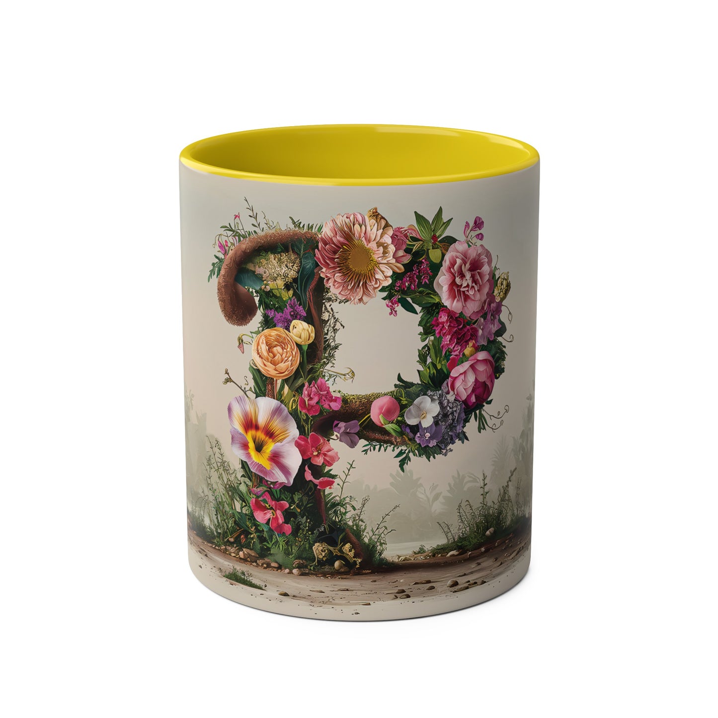 Floral Fantasy Two-Tone Ceramic Mug with Letter P Yellow-01