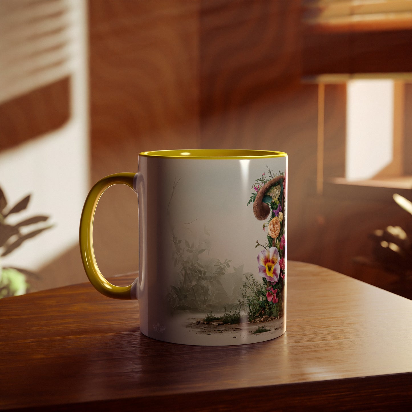 Floral Fantasy Two-Tone Ceramic Mug with Letter P Yellow-04