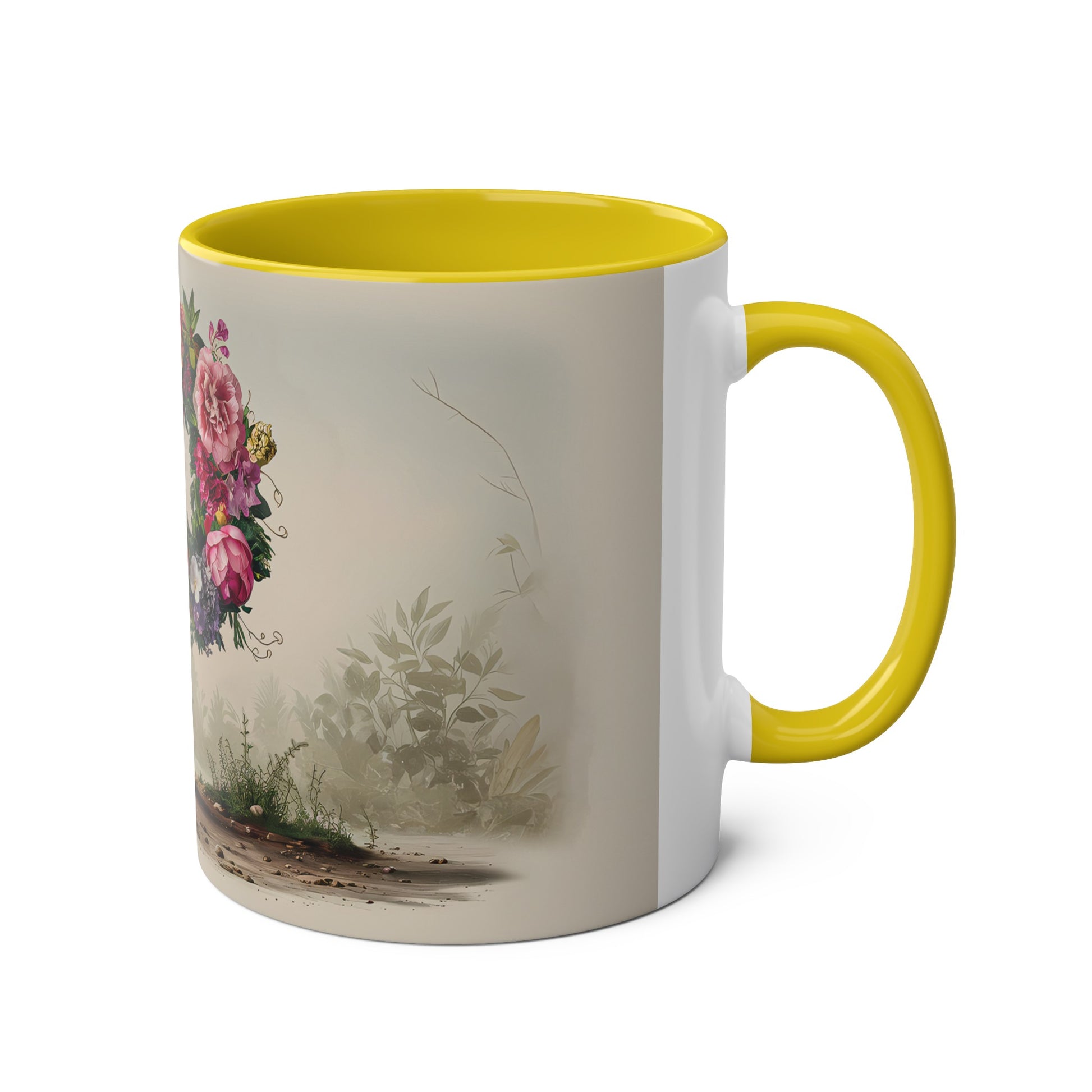 Floral Fantasy Two-Tone Ceramic Mug with Letter P Yellow-03