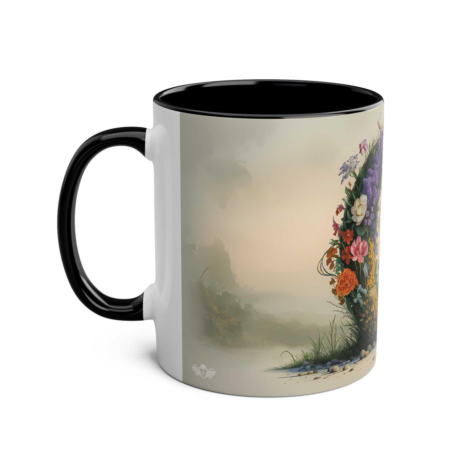 Floral Fantasy Two-Tone Ceramic Mug with Letter Q Black-02