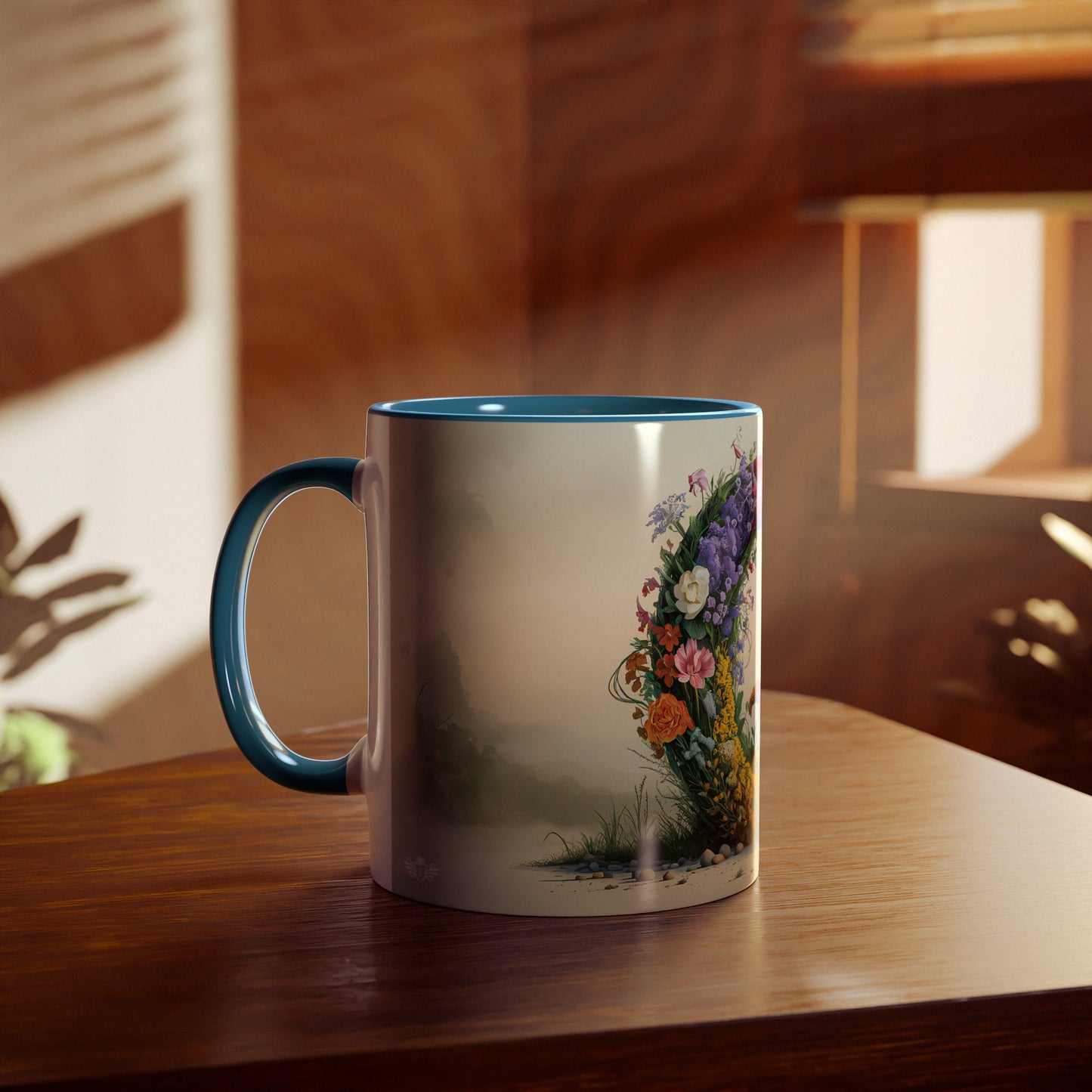 Floral Fantasy Two-Tone Ceramic Mug with Letter Q Blue-04