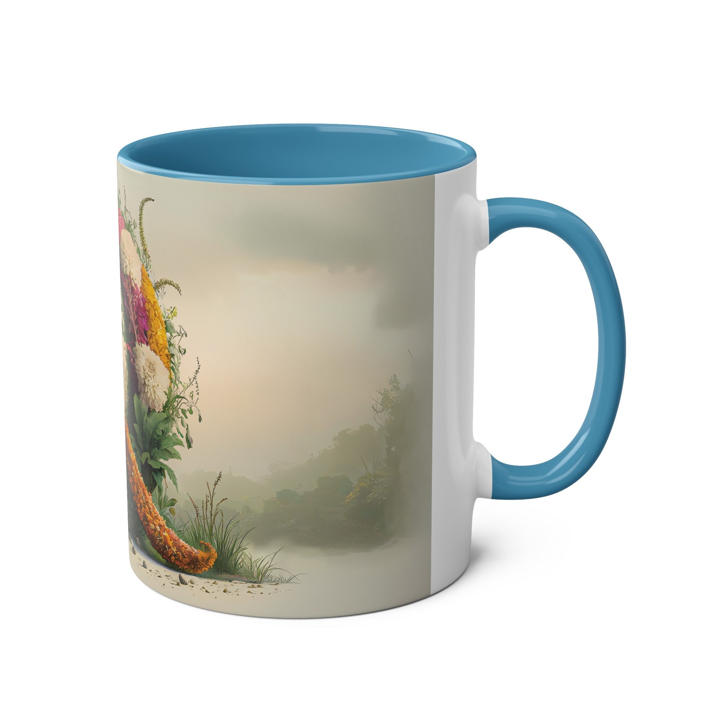 Floral Fantasy Two-Tone Ceramic Mug with Letter Q Blue-03