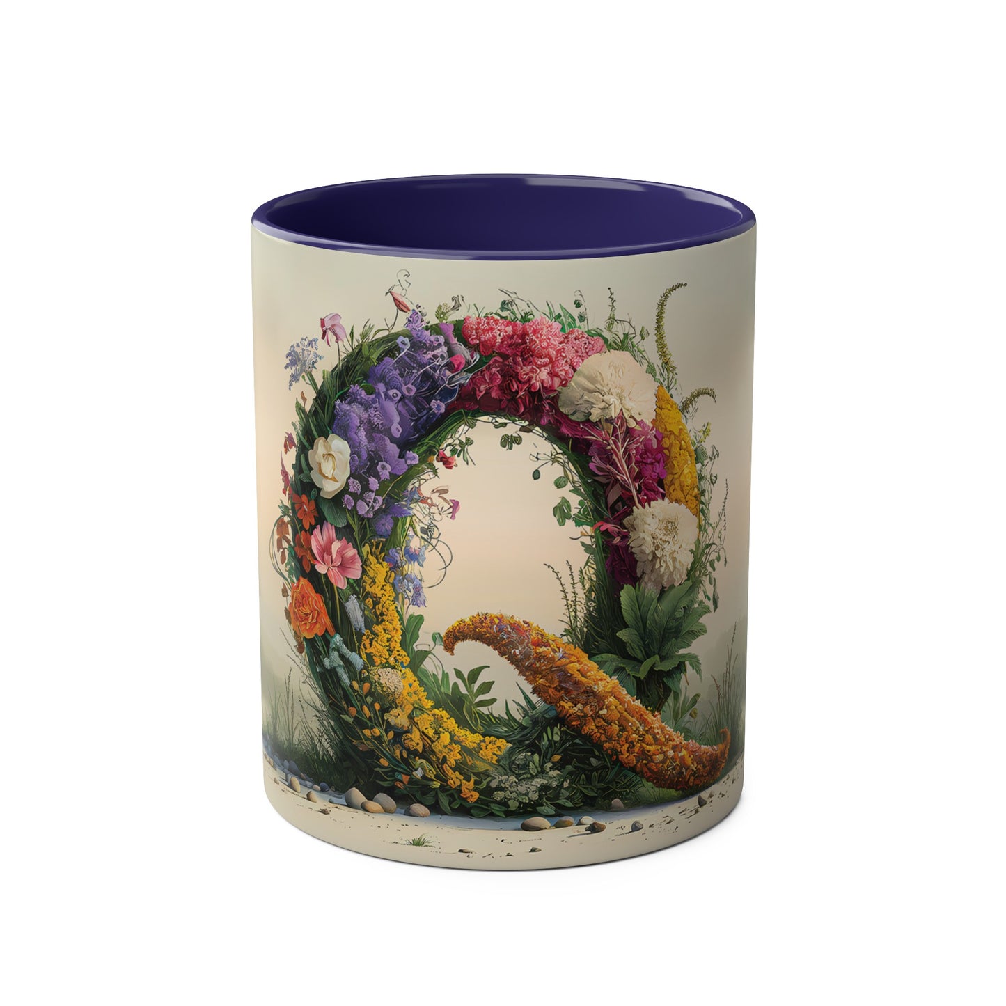 Floral Fantasy Two-Tone Ceramic Mug with Letter Q Dark Blue-01