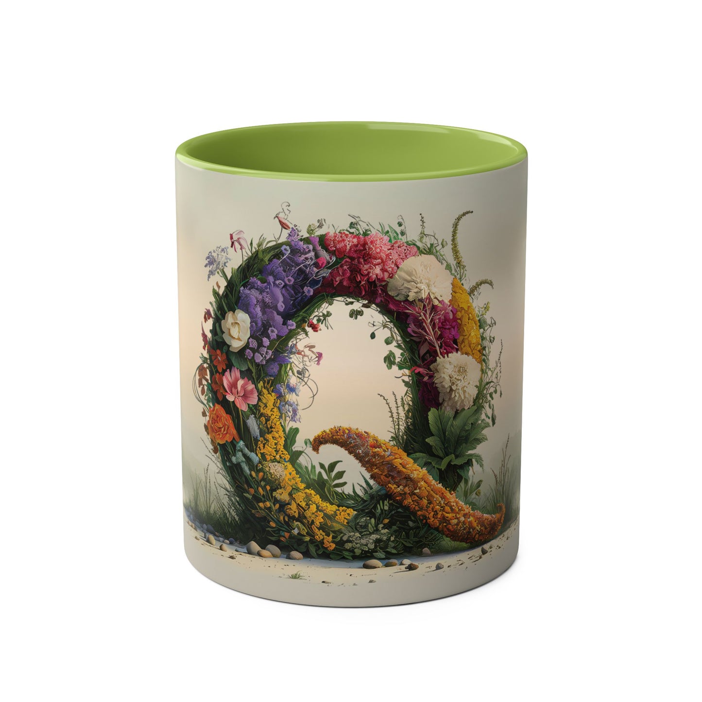 Floral Fantasy Two-Tone Ceramic Mug with Letter Q