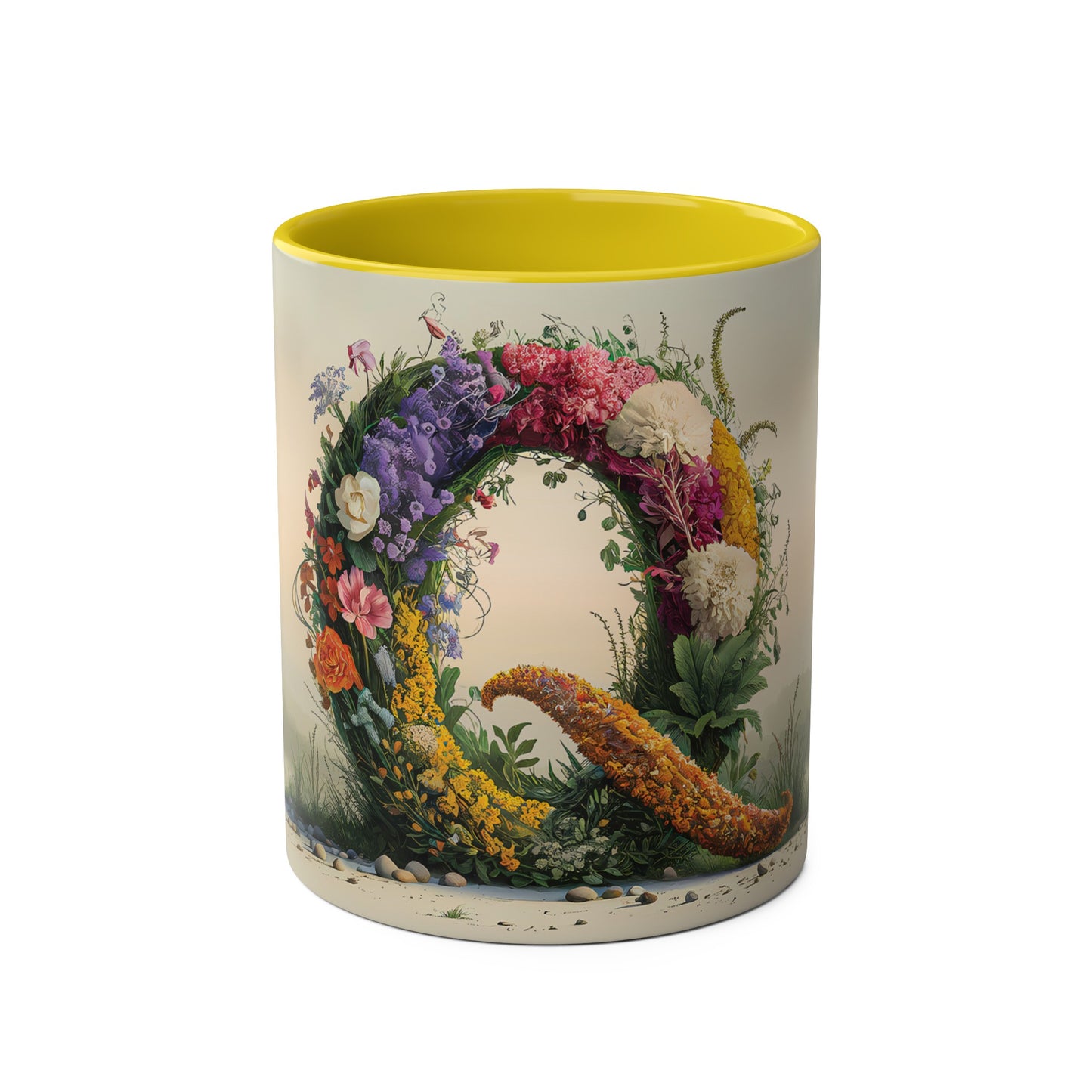 Floral Fantasy Two-Tone Ceramic Mug with Letter Q Yellow-01