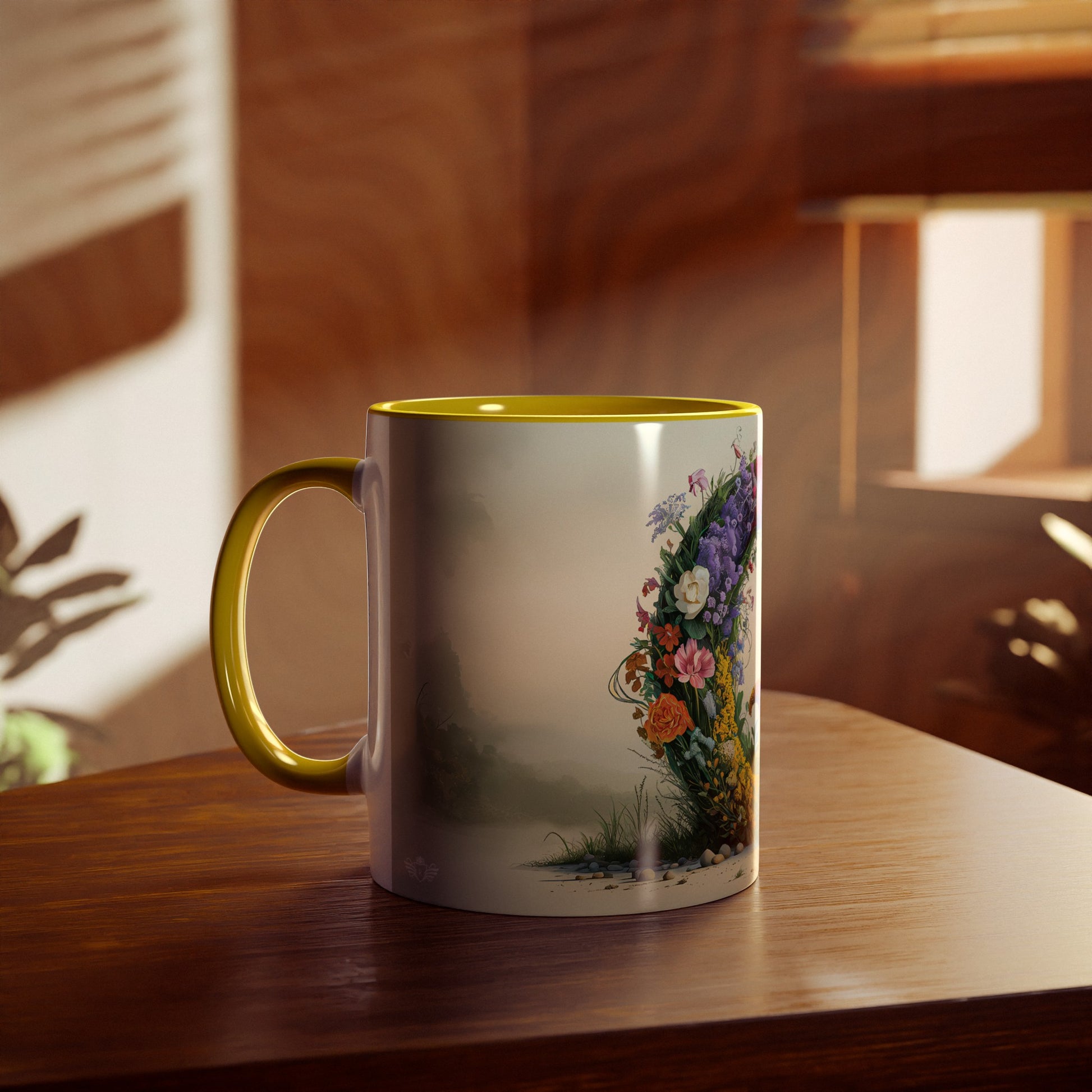 Floral Fantasy Two-Tone Ceramic Mug with Letter Q Yellow-04