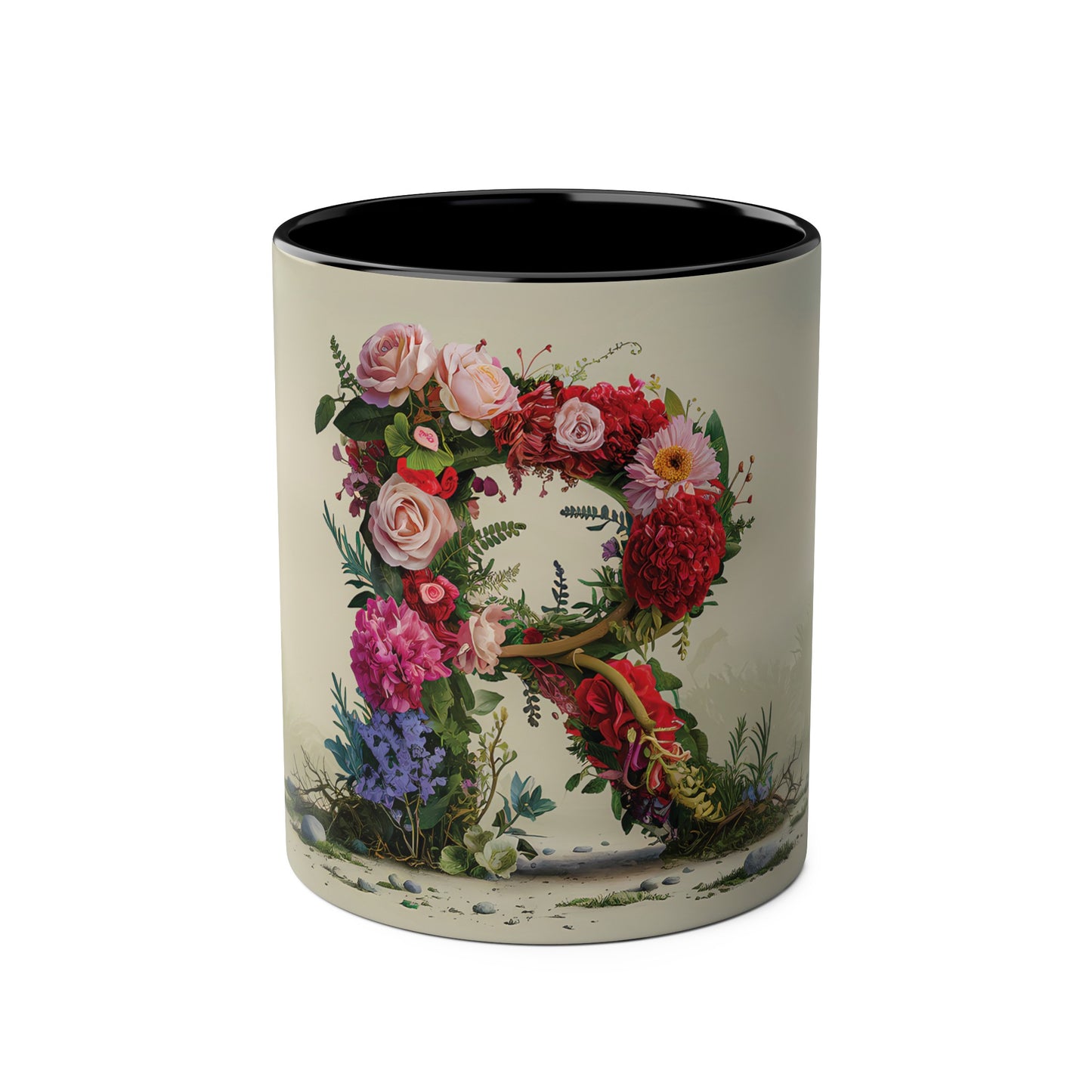 Floral Fantasy Two-Tone Ceramic Mug with Letter R Black-01