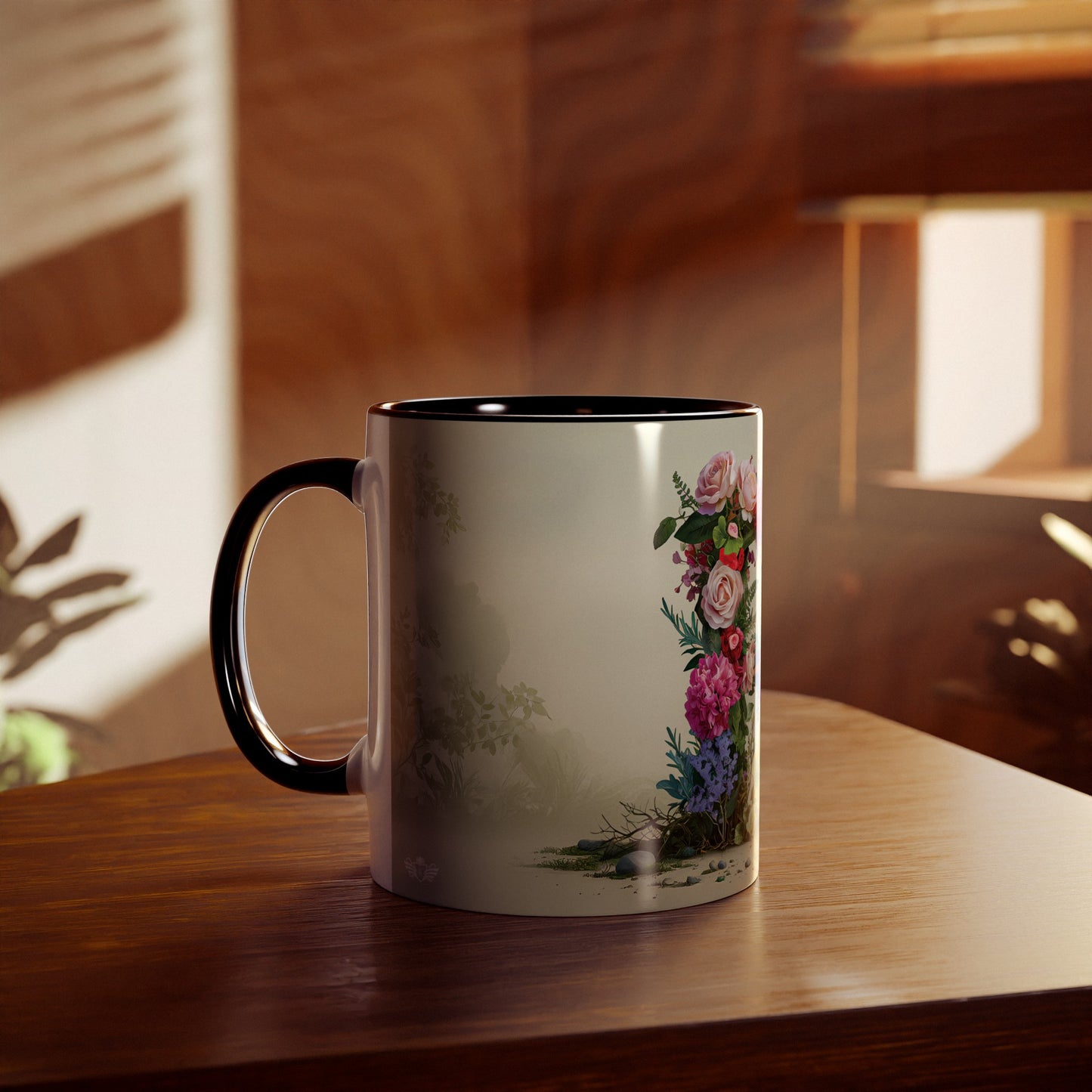 Floral Fantasy Two-Tone Ceramic Mug with Letter R Black-04