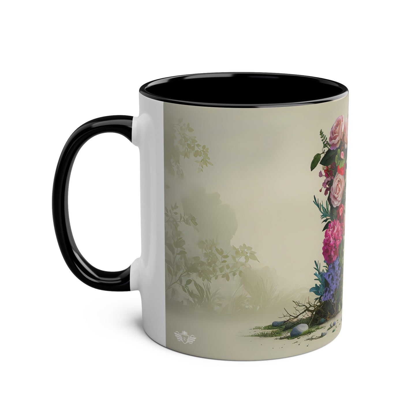 Floral Fantasy Two-Tone Ceramic Mug with Letter R Black-02