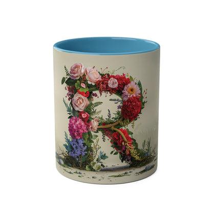 Floral Fantasy Two-Tone Ceramic Mug with Letter R Blue-01