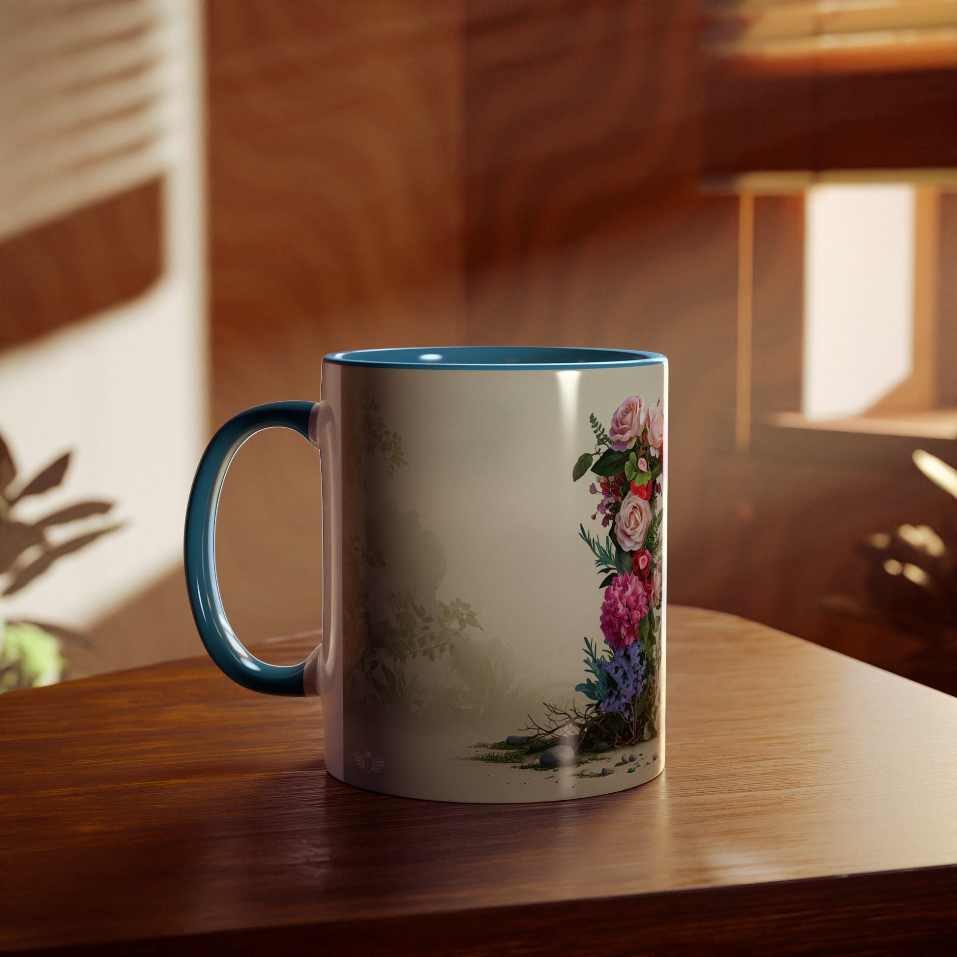 Floral Fantasy Two-Tone Ceramic Mug with Letter R Blue-04