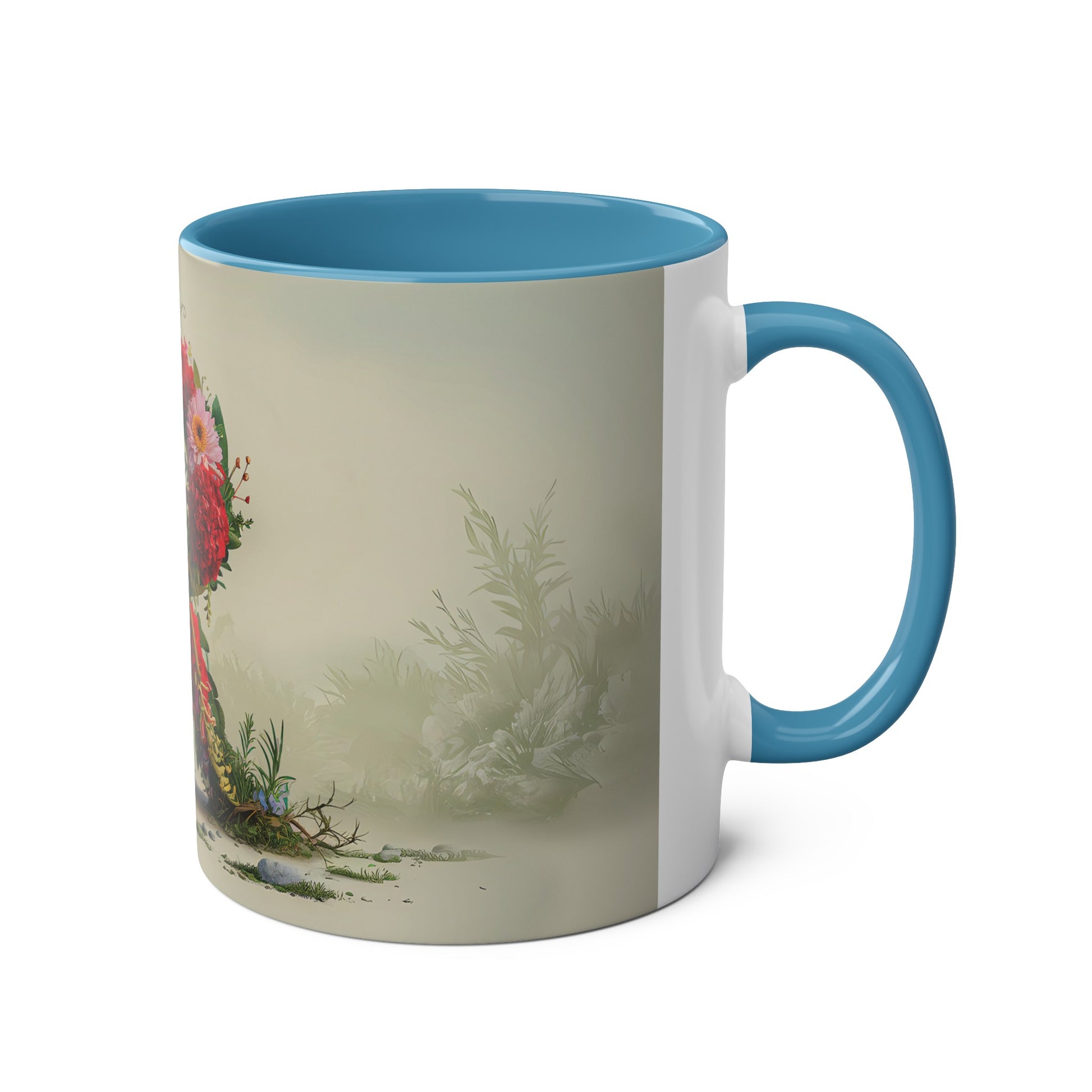 Floral Fantasy Two-Tone Ceramic Mug with Letter R Blue-03