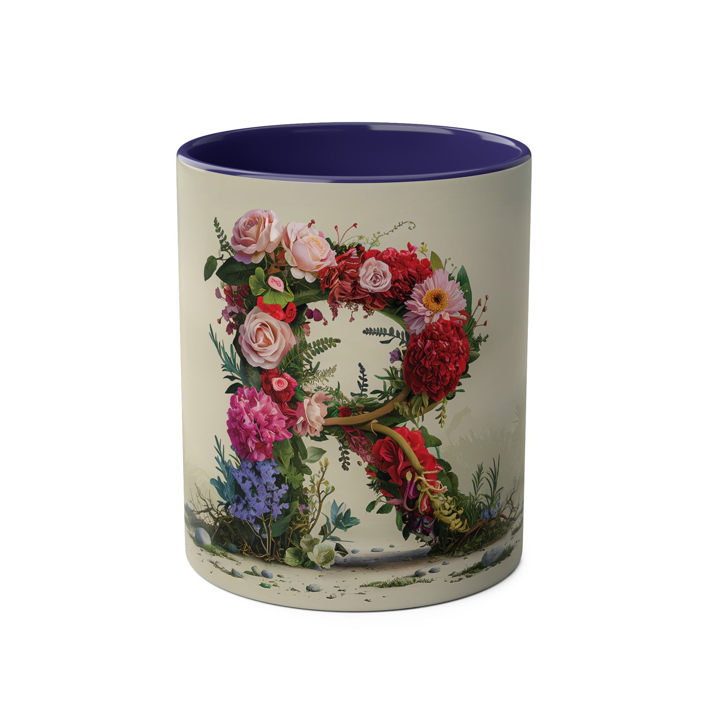 Floral Fantasy Two-Tone Ceramic Mug with Letter R Dark Blue-01