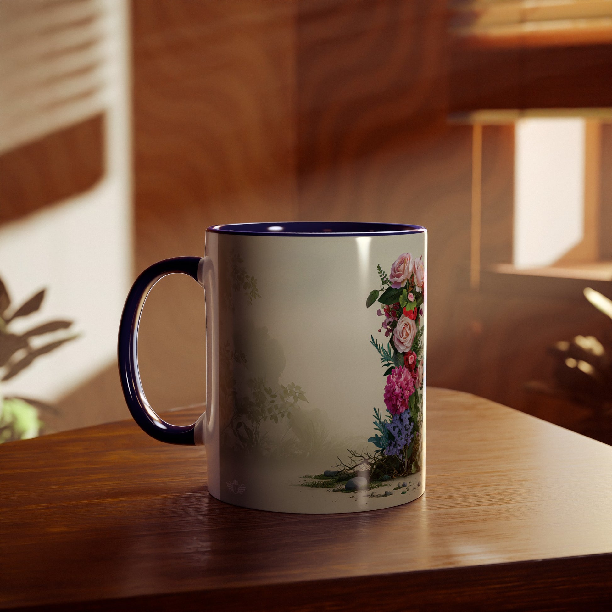 Floral Fantasy Two-Tone Ceramic Mug with Letter R Dark Blue-04