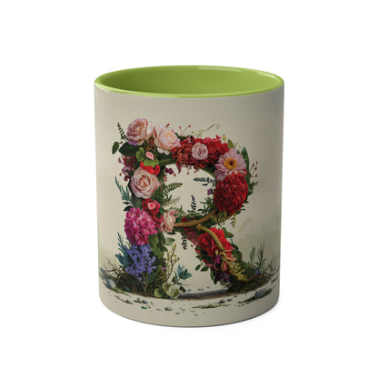 Floral Fantasy Two-Tone Ceramic Mug with Letter R