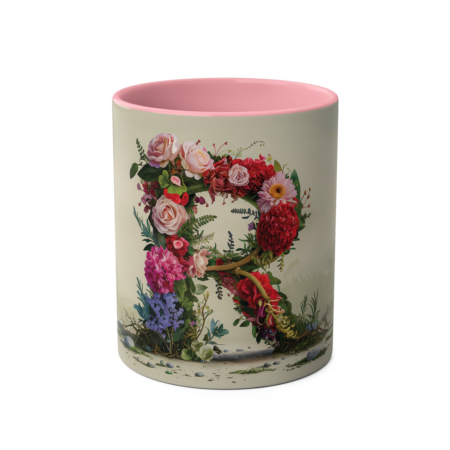 Floral Fantasy Two-Tone Ceramic Mug with Letter R Pink-01