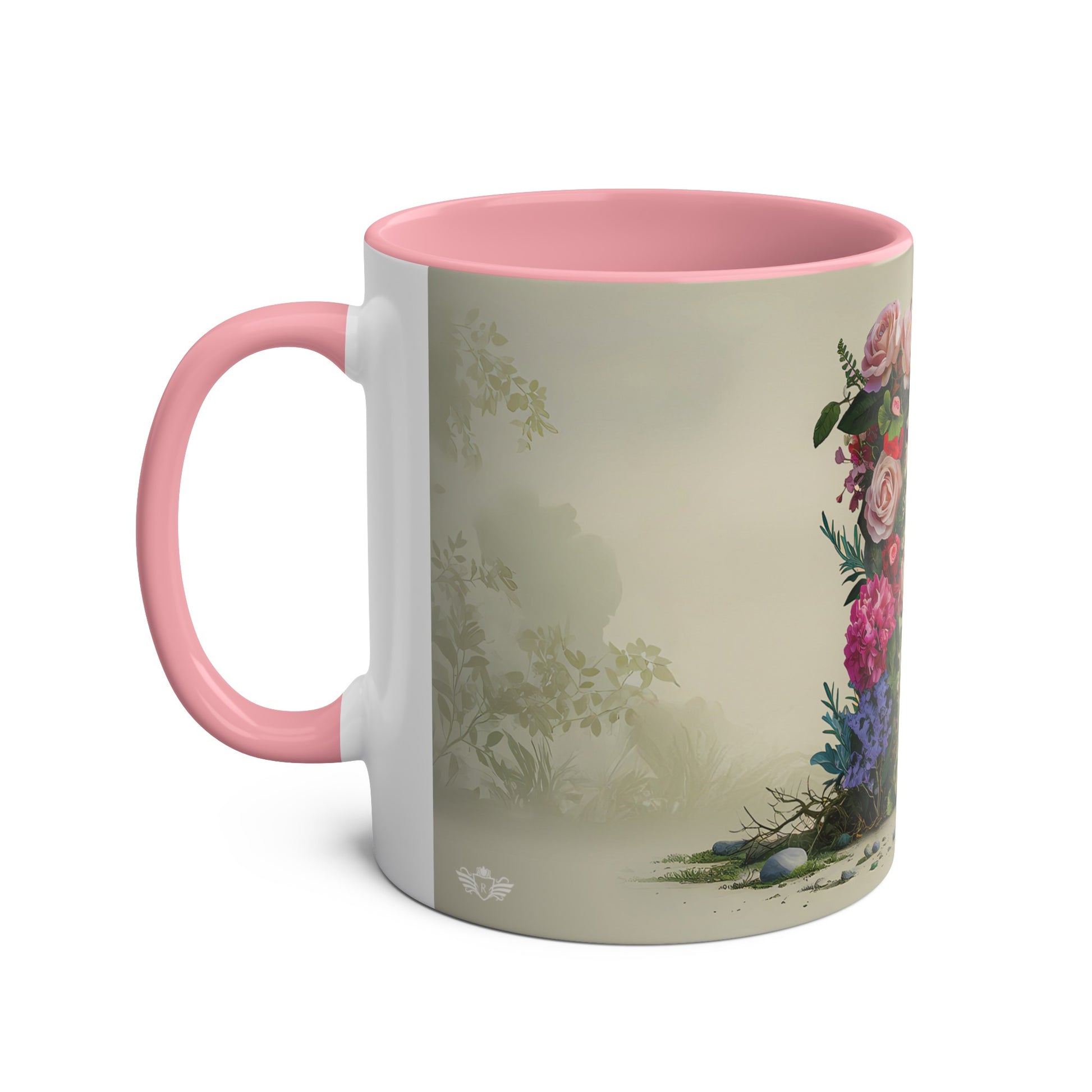 Floral Fantasy Two-Tone Ceramic Mug with Letter R Pink-02