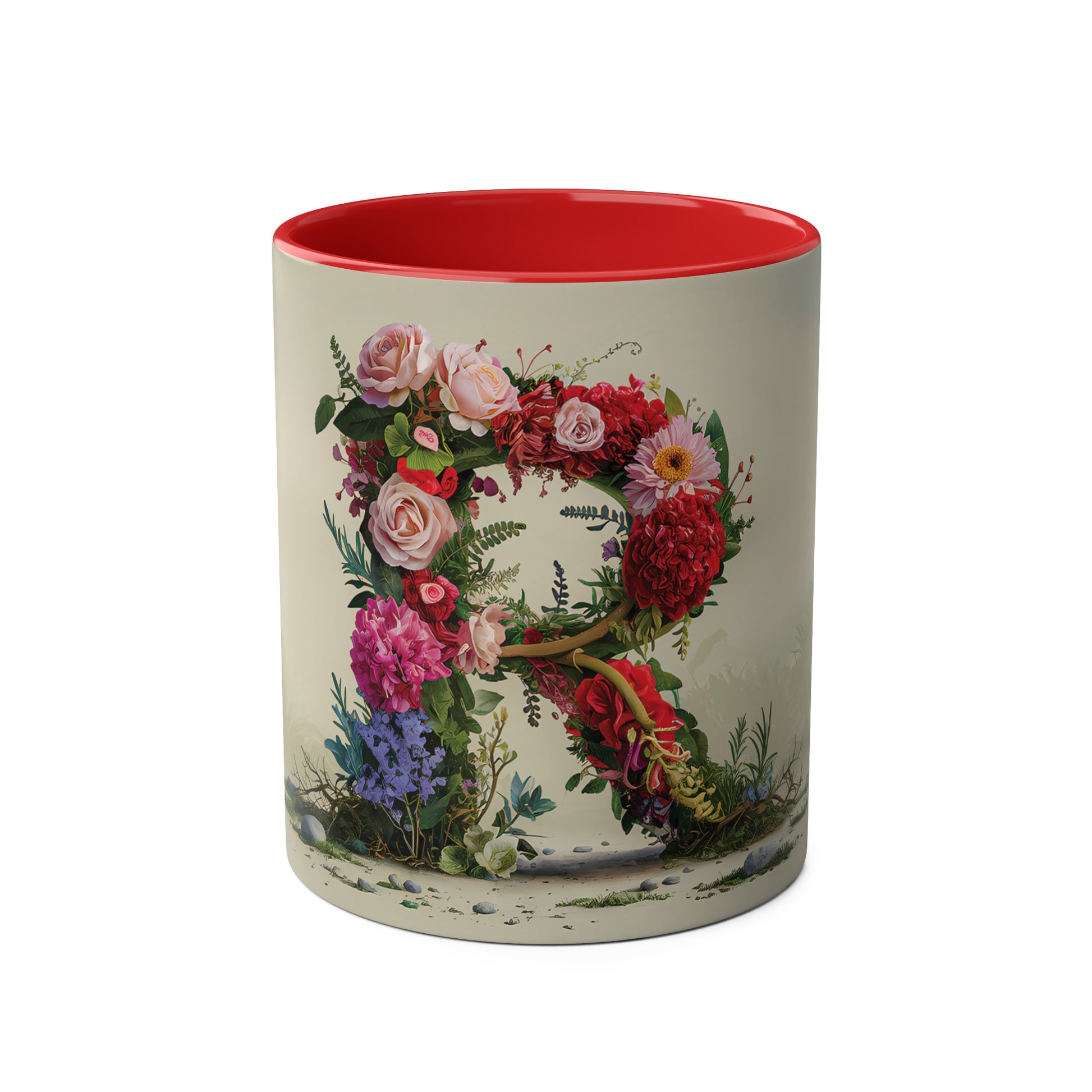 Floral Fantasy Two-Tone Ceramic Mug with Letter R Red-01