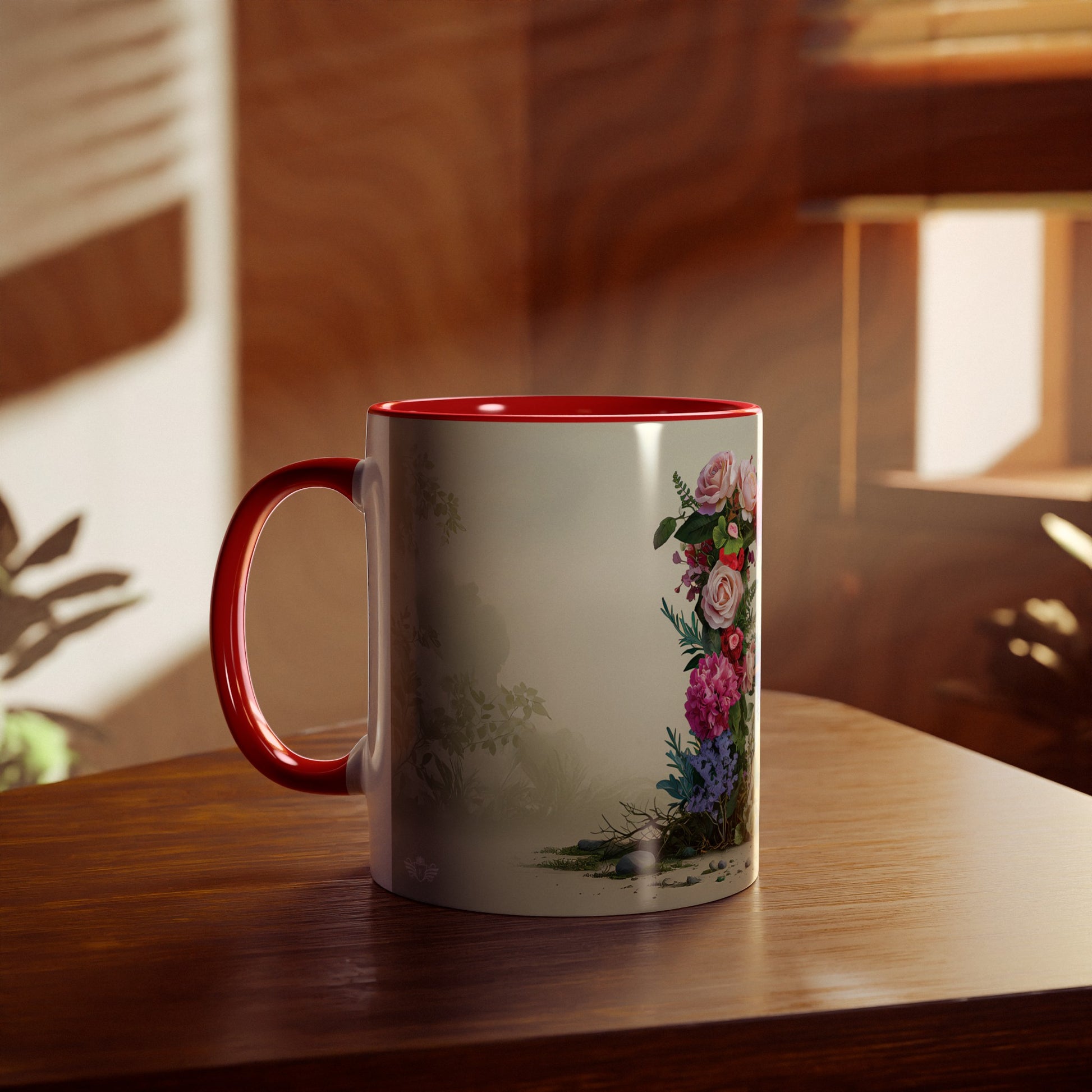 Floral Fantasy Two-Tone Ceramic Mug with Letter R Red-04