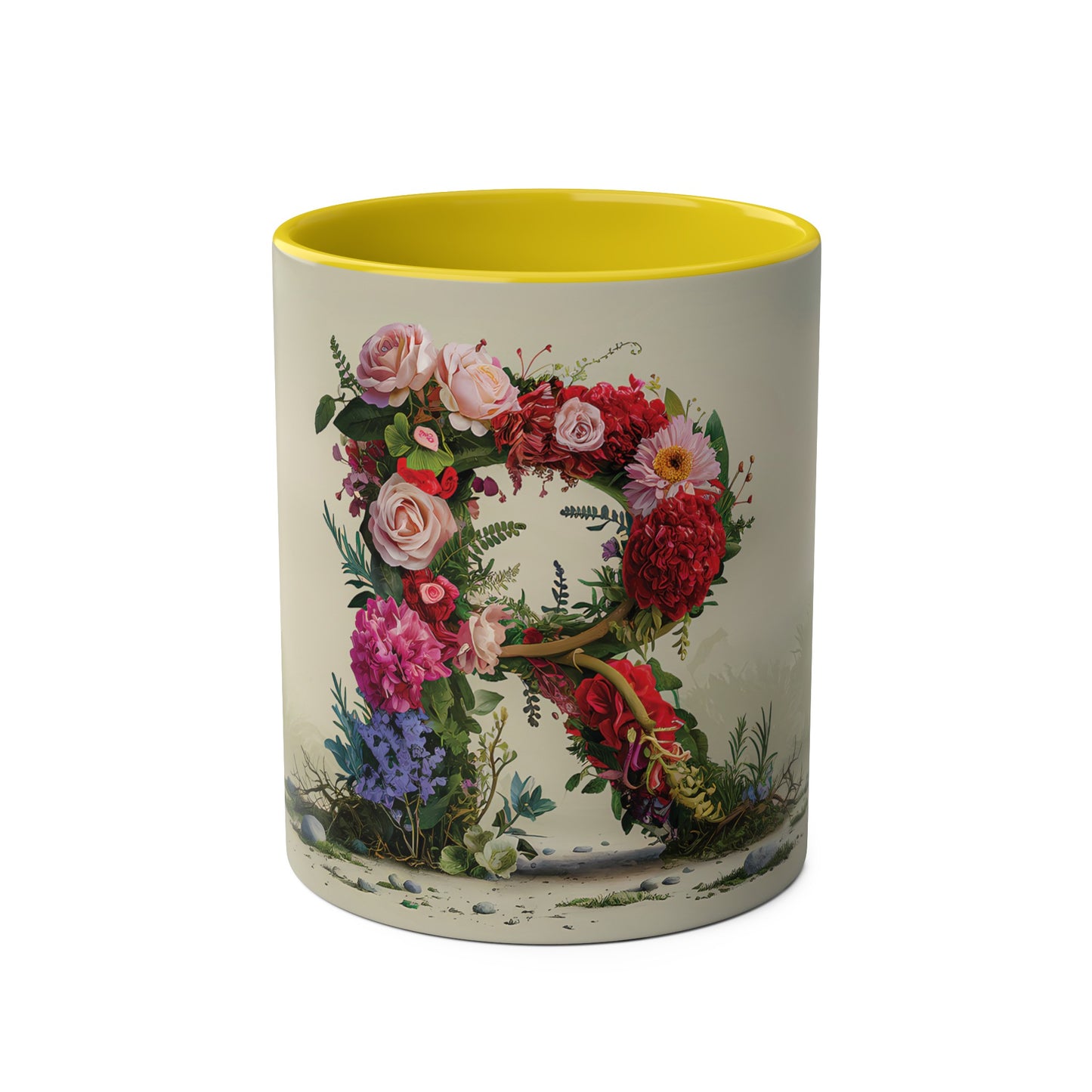 Floral Fantasy Two-Tone Ceramic Mug with Letter R Yellow-01