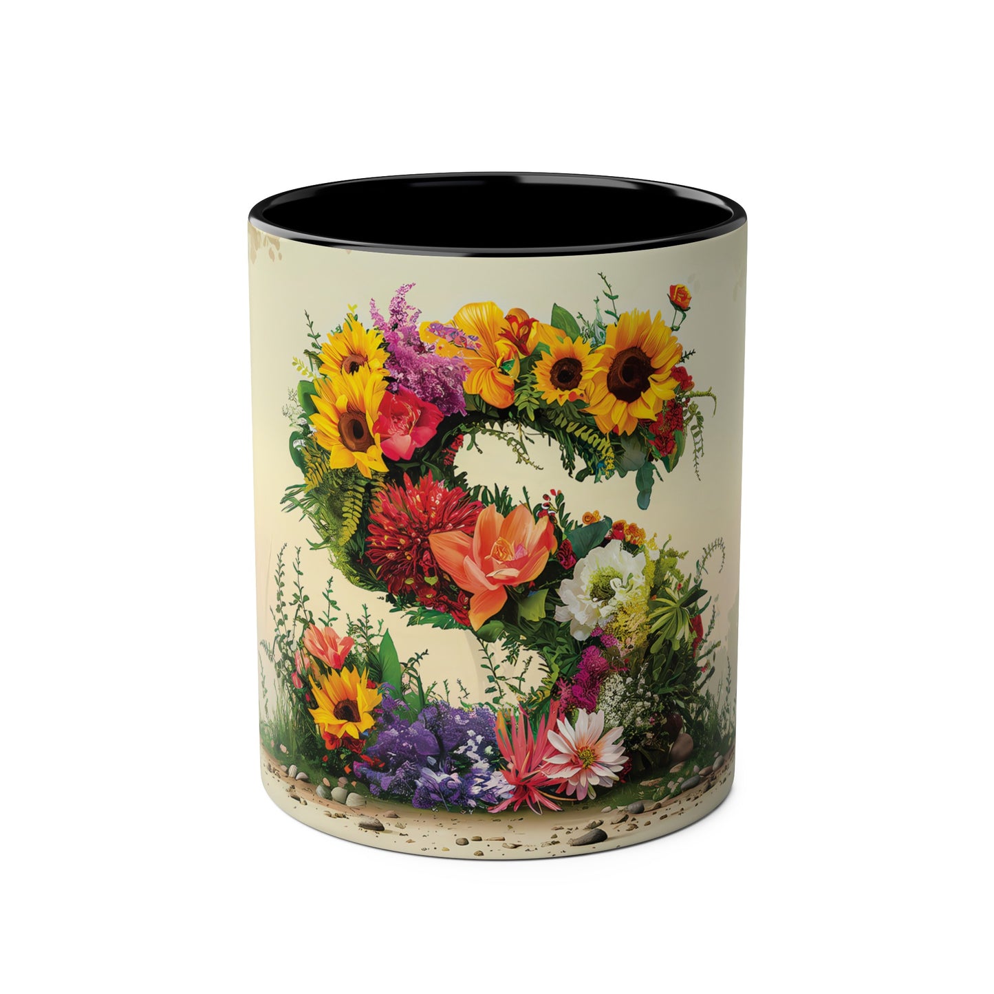 Floral Fantasy Two-Tone Ceramic Mug with Letter S Black-01