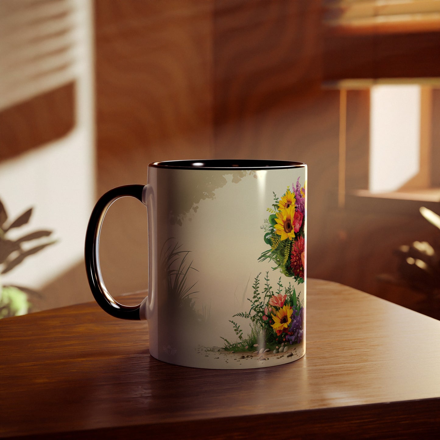 Floral Fantasy Two-Tone Ceramic Mug with Letter S Black-04