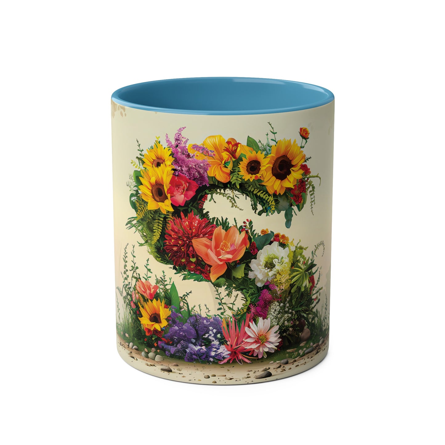 Floral Fantasy Two-Tone Ceramic Mug with Letter S Blue-01