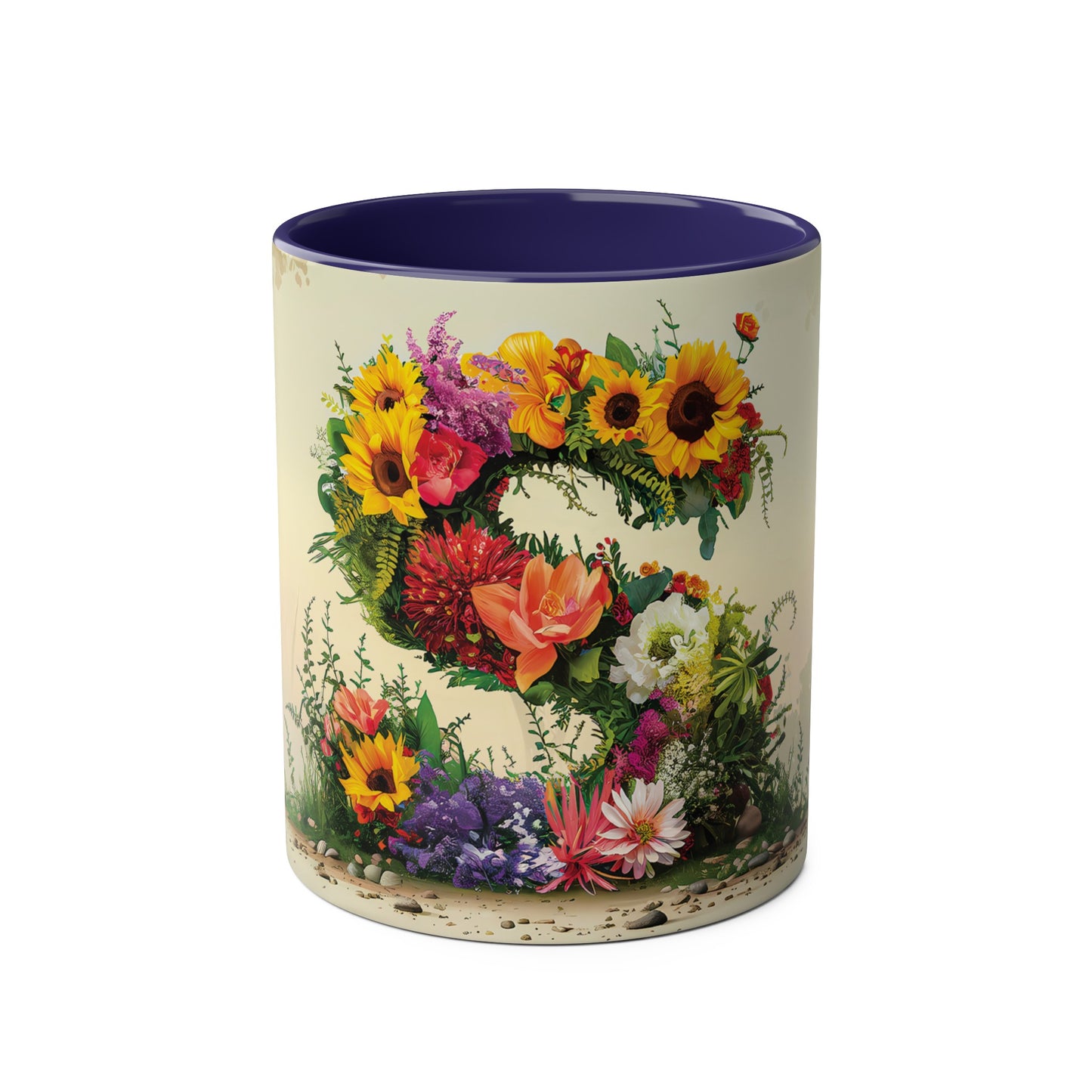 Floral Fantasy Two-Tone Ceramic Mug with Letter S Dark Blue-01