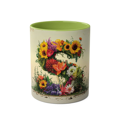 Floral Fantasy Two-Tone Ceramic Mug with Letter S