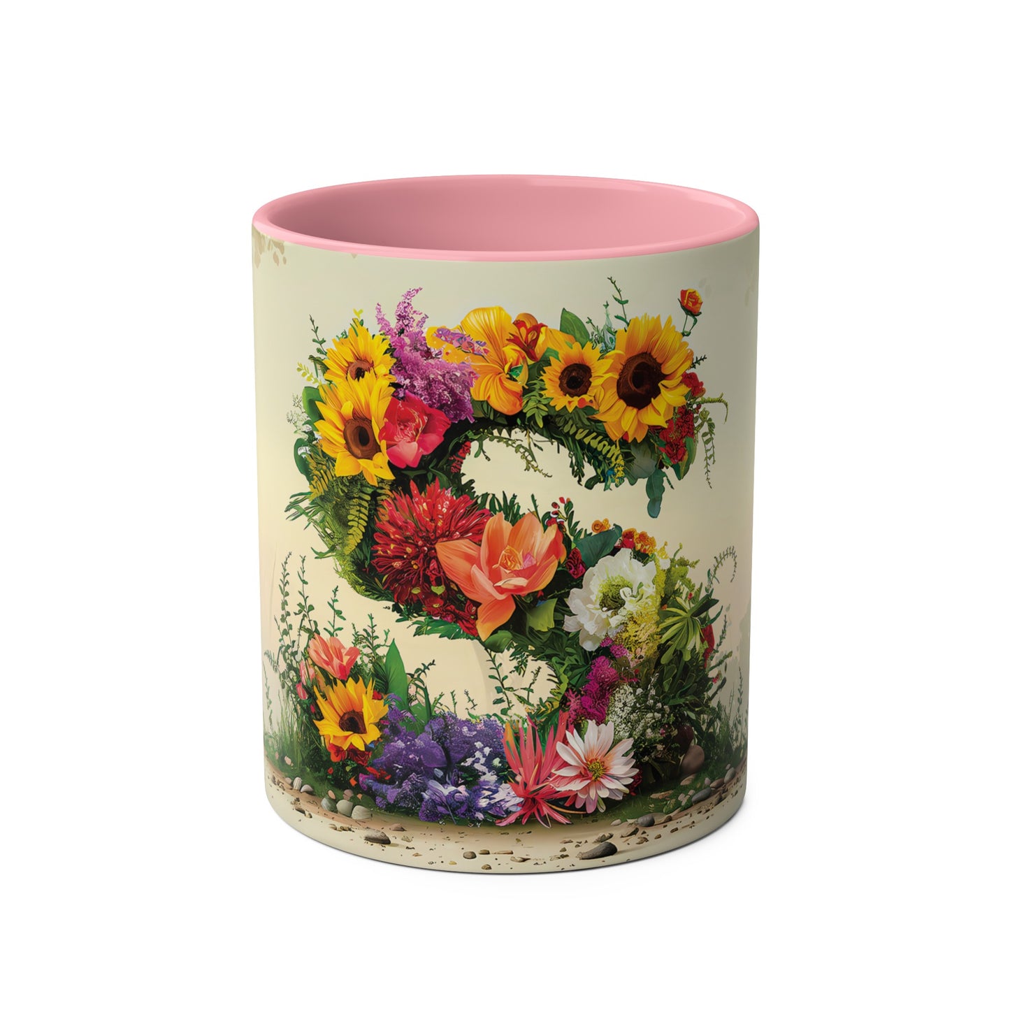 Floral Fantasy Two-Tone Ceramic Mug with Letter S Pink-01