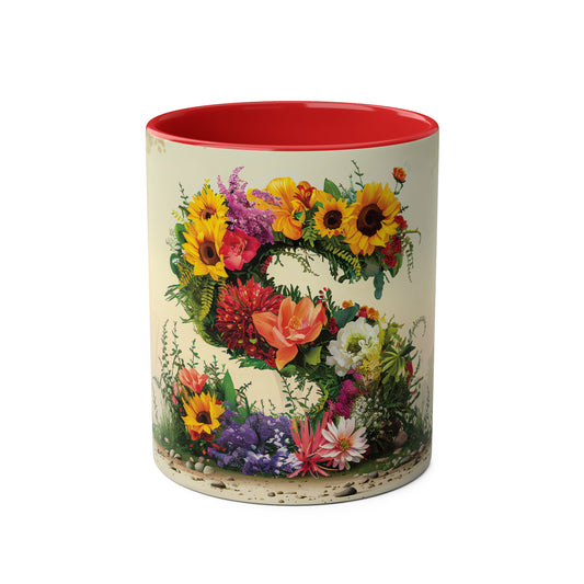 Floral Fantasy Two-Tone Ceramic Mug with Letter S Red-01