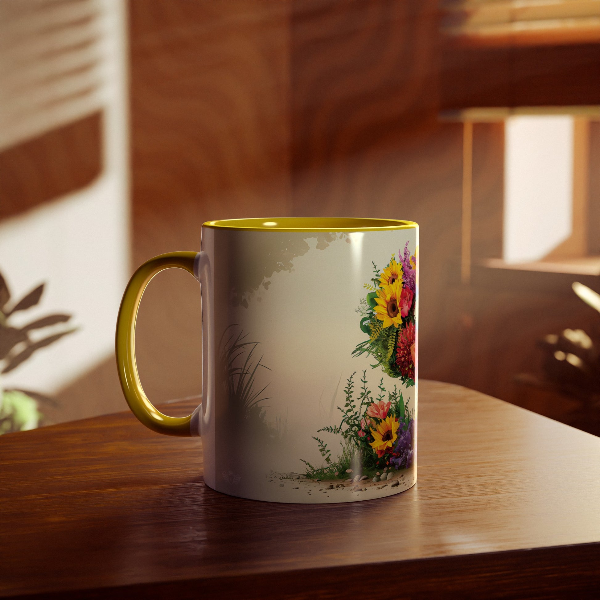 Floral Fantasy Two-Tone Ceramic Mug with Letter S Yellow-04